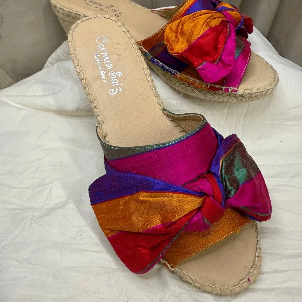 Carmen‎ Saiz Spain Silk Rainbow 9 Espadrille Wedge Sandals 40 Barbie carnival